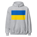 Unisex black hoodie featuring Ukrainian flag design printed across the front chest