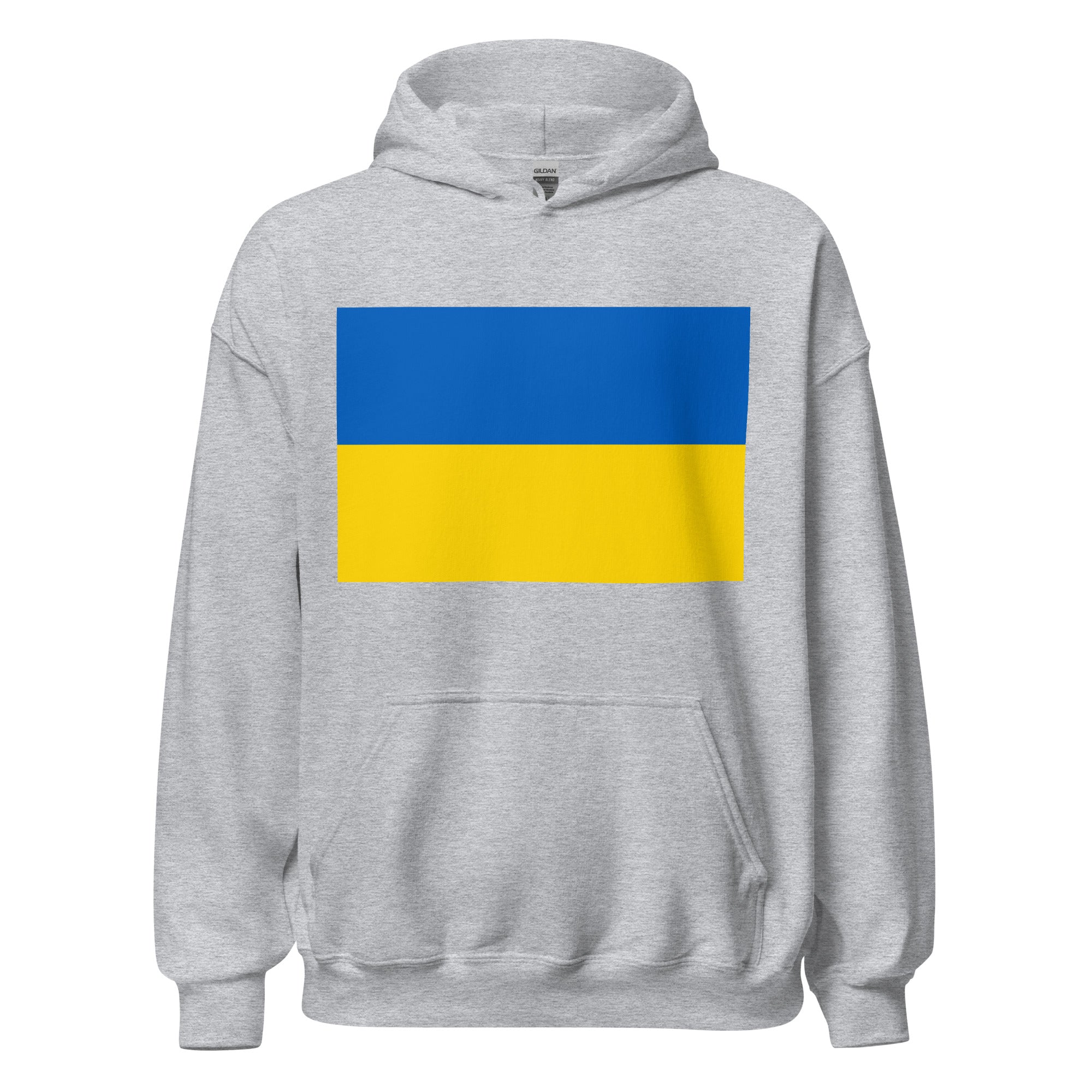 Unisex black hoodie featuring Ukrainian flag design printed across the front chest