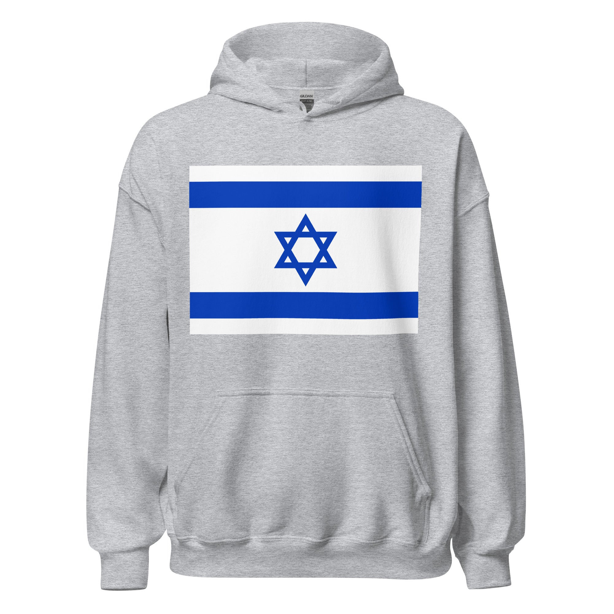 Unisex black hoodie featuring Israeli flag design printed across the front chest