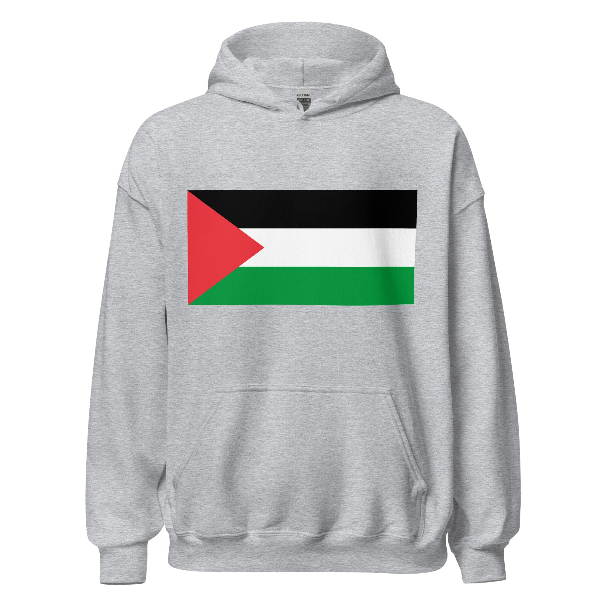 Unisex black hoodie featuring Palestinian flag design printed across the front chest