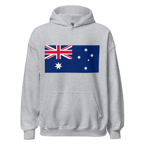 Unisex black hoodie featuring Australian flag design printed across the front chest
