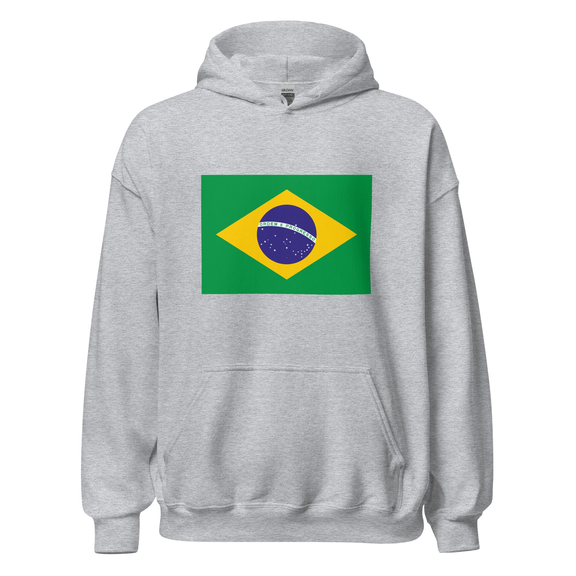 Unisex black hoodie featuring Brazilian flag design printed across the front chest
