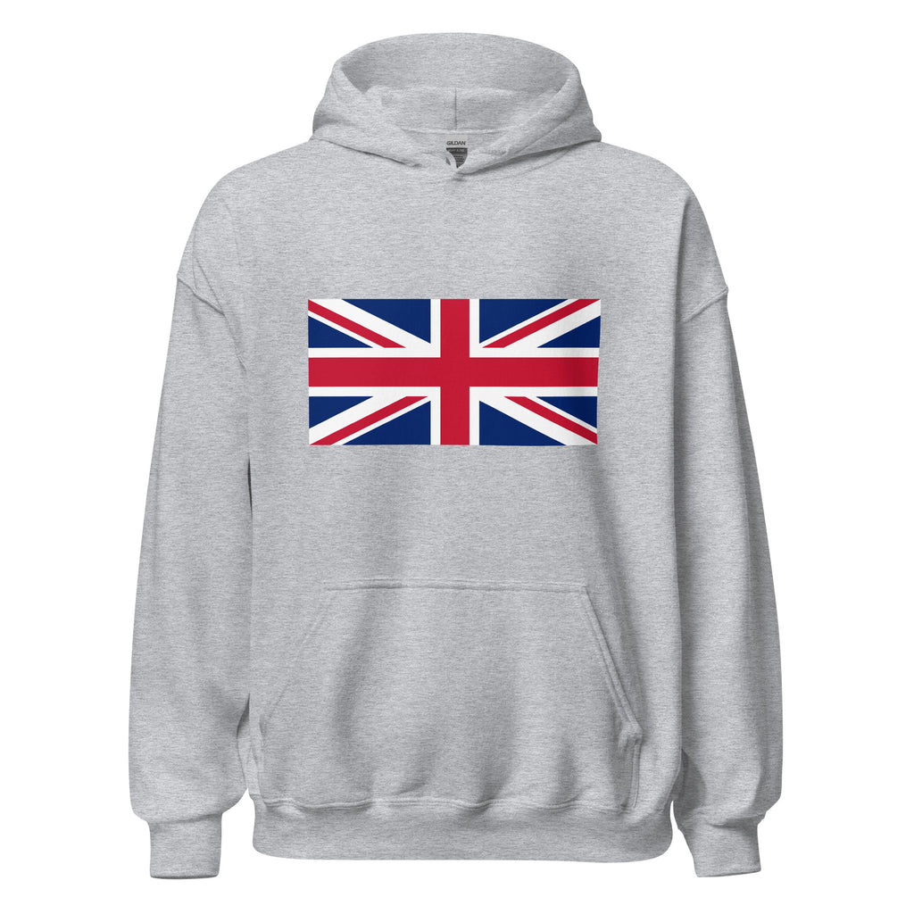 Unisex black hoodie featuring British flag design printed across the front chest