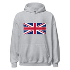 Unisex black hoodie featuring British flag design printed across the front chest