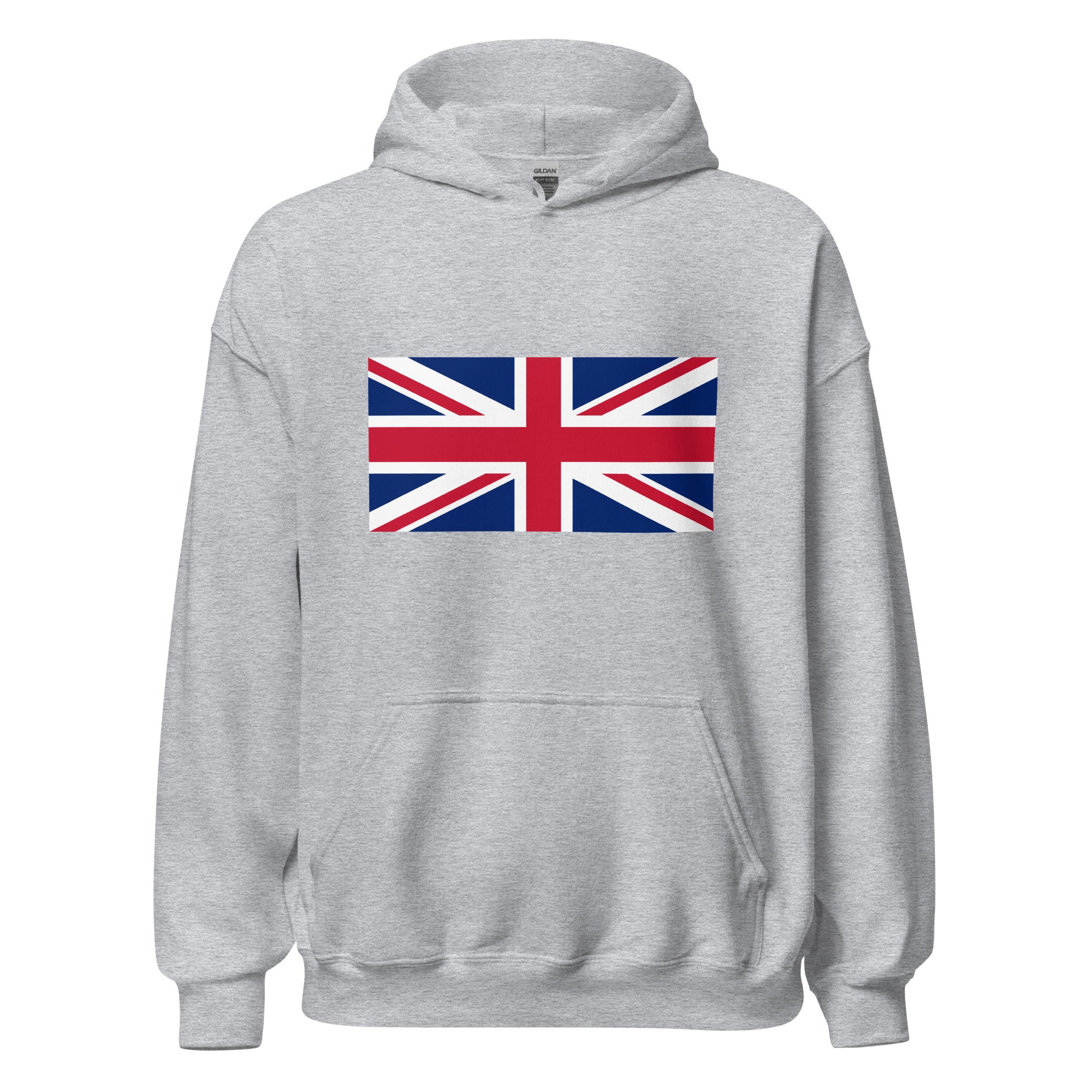 Unisex black hoodie featuring British flag design printed across the front chest