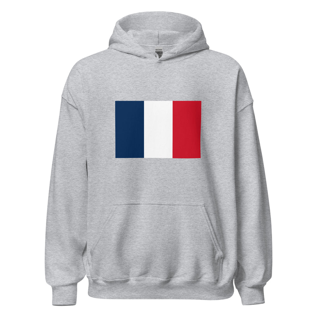 Unisex black hoodie featuring French flag design printed across the front chest