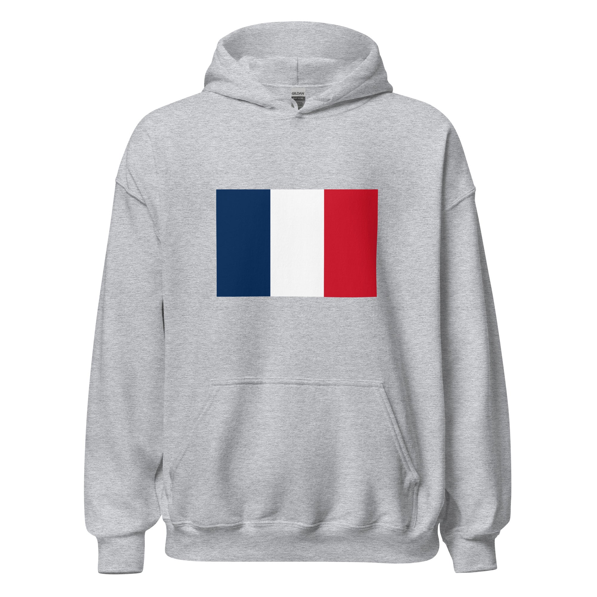 Unisex black hoodie featuring French flag design printed across the front chest