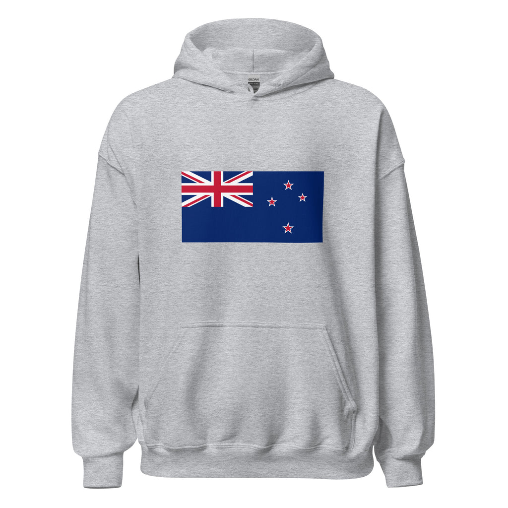 Unisex black hoodie featuring New Zealand flag design printed across the front chest