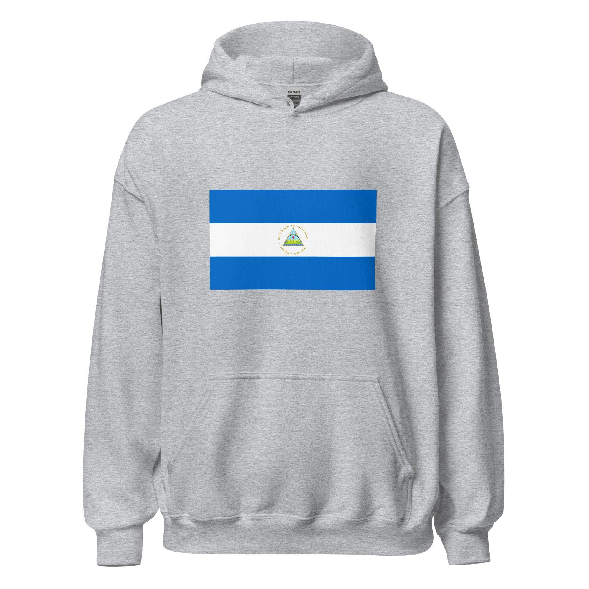 Unisex black hoodie featuring Nicaraguan flag design printed across the front chest
