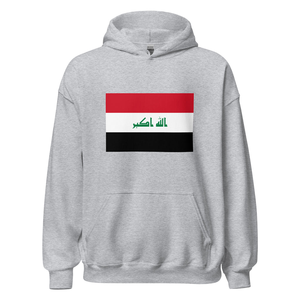Unisex black hoodie featuring Iraqi flag design printed across the front chest