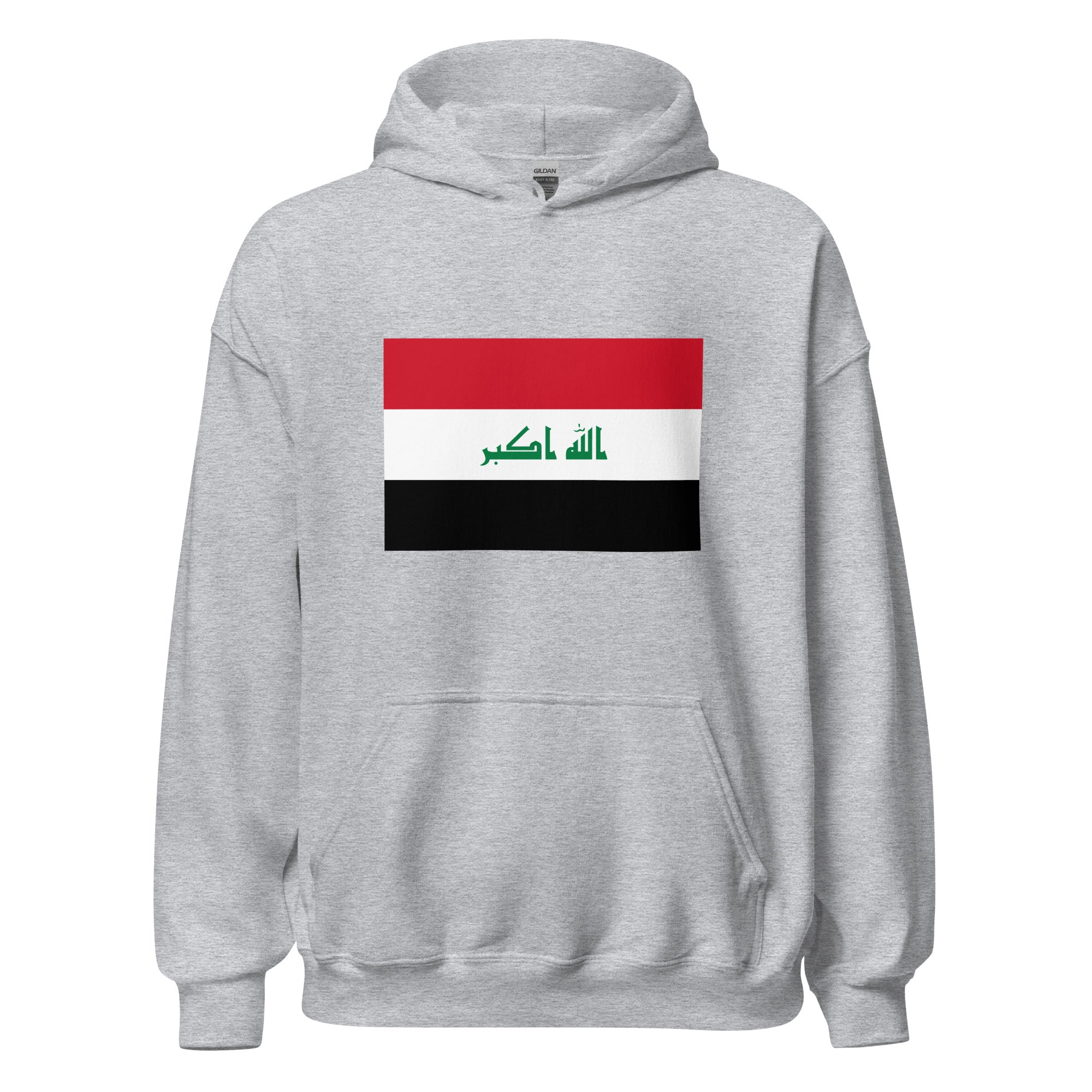 Unisex black hoodie featuring Iraqi flag design printed across the front chest