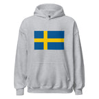 Unisex black hoodie featuring Swedish flag design printed across the front chest