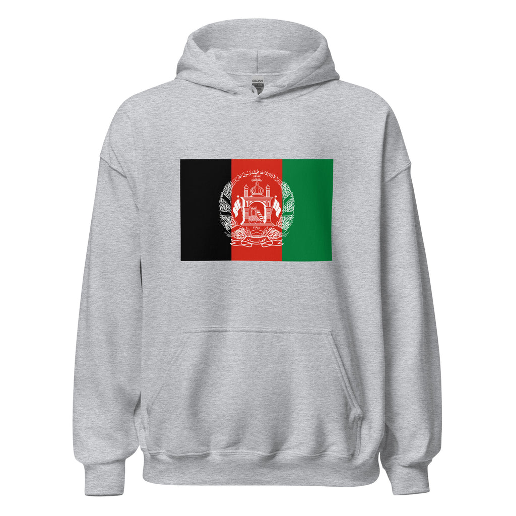 Unisex black hoodie featuring Afghan flag design printed across the front chest