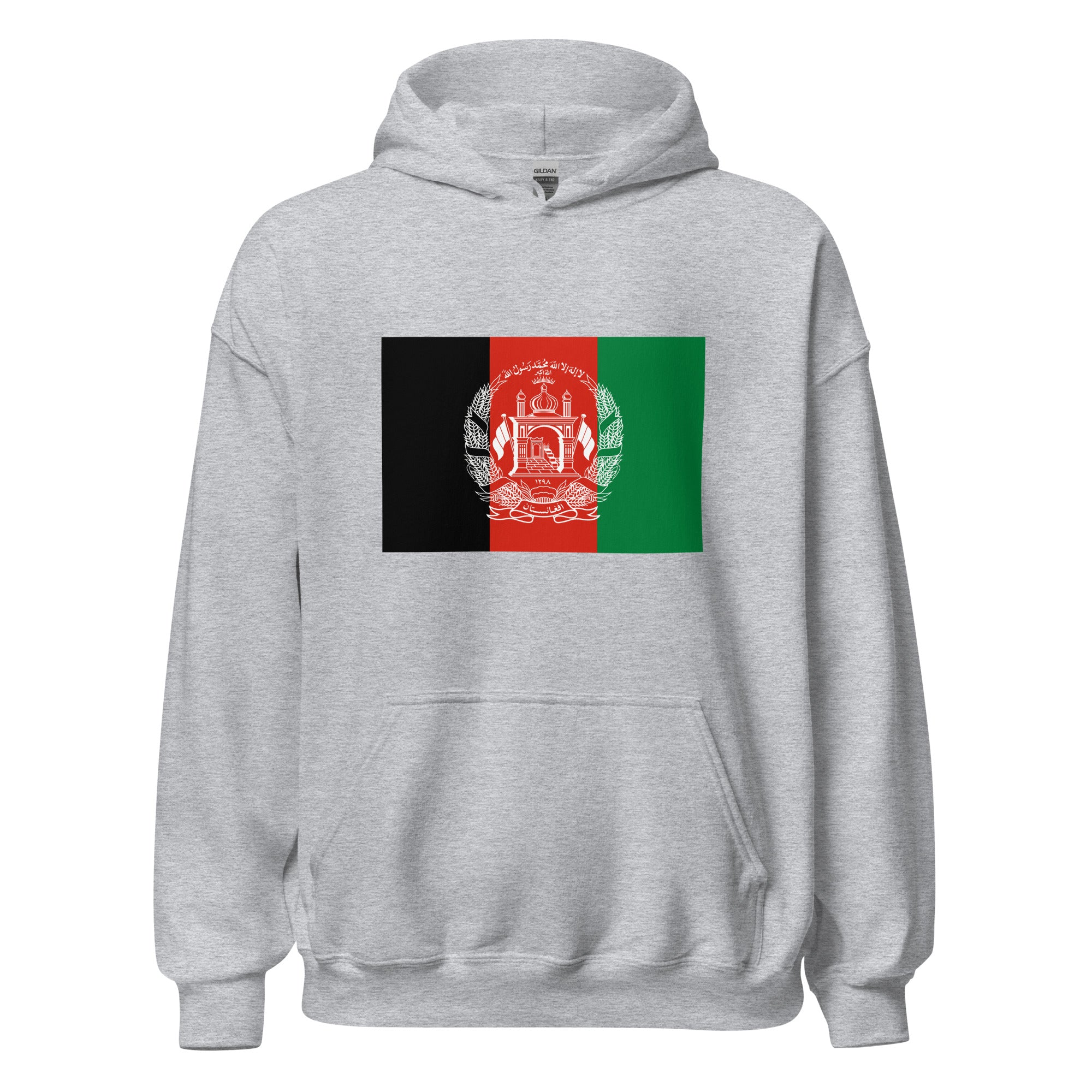 Unisex black hoodie featuring Afghan flag design printed across the front chest