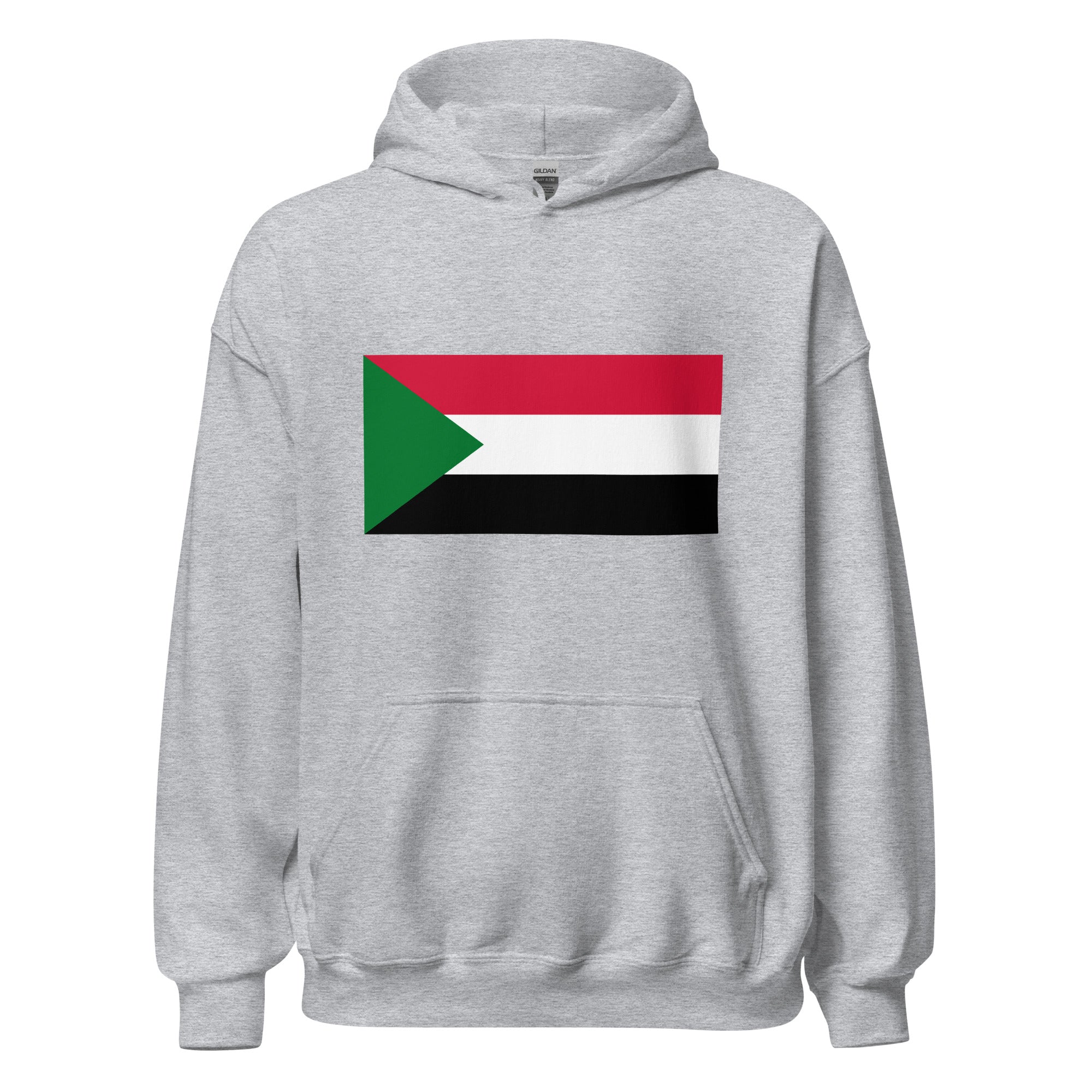Unisex black hoodie featuring Sudanese flag design printed across the front chest