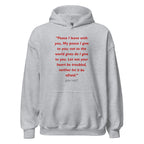 Unisex black hoodie with John 14:27 Bible verse printed in red text on front