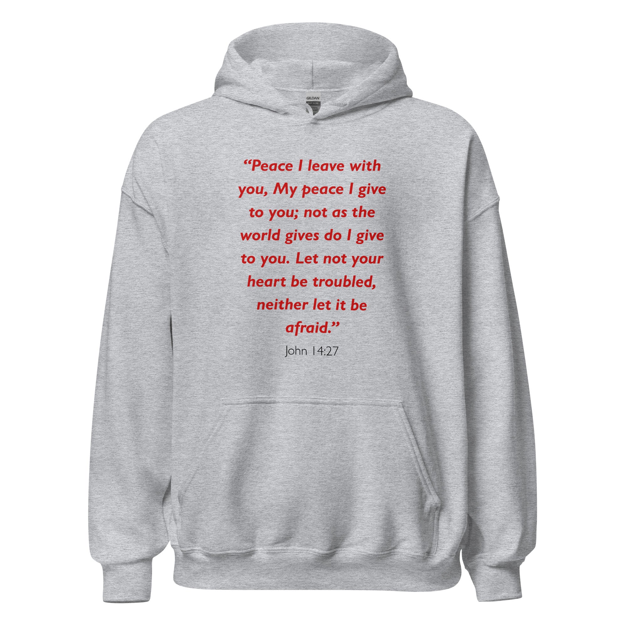 Unisex black hoodie with John 14:27 Bible verse printed in red text on front