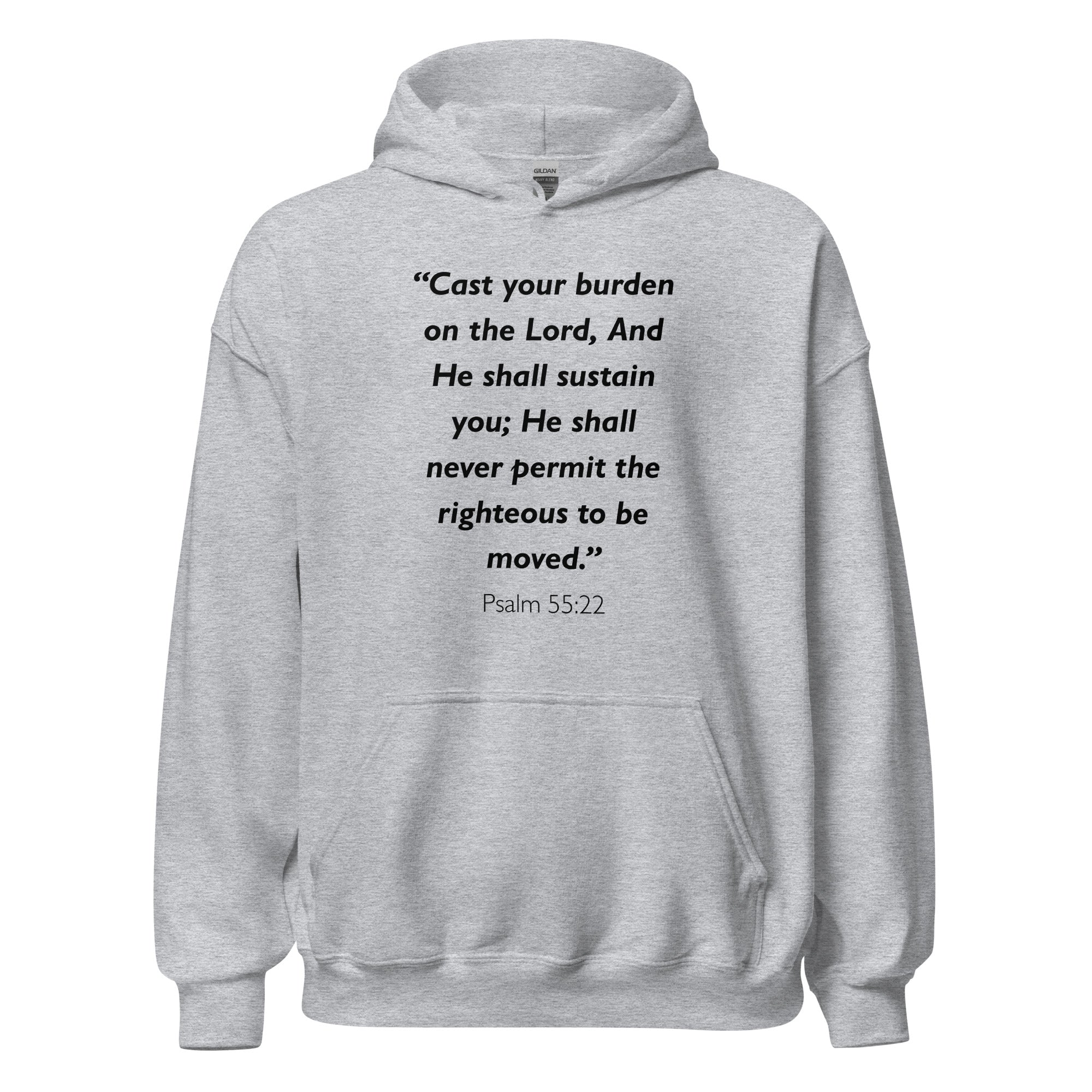 Unisex heather gray hoodie with Psalm 55:22 Bible verse printed in black text on front