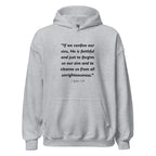Unisex black hoodie with 1 John 1:9 Bible verse printed in black text on front