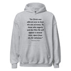 Unisex black hoodie with Hebrews 9:28 Bible verse printed in black text on front