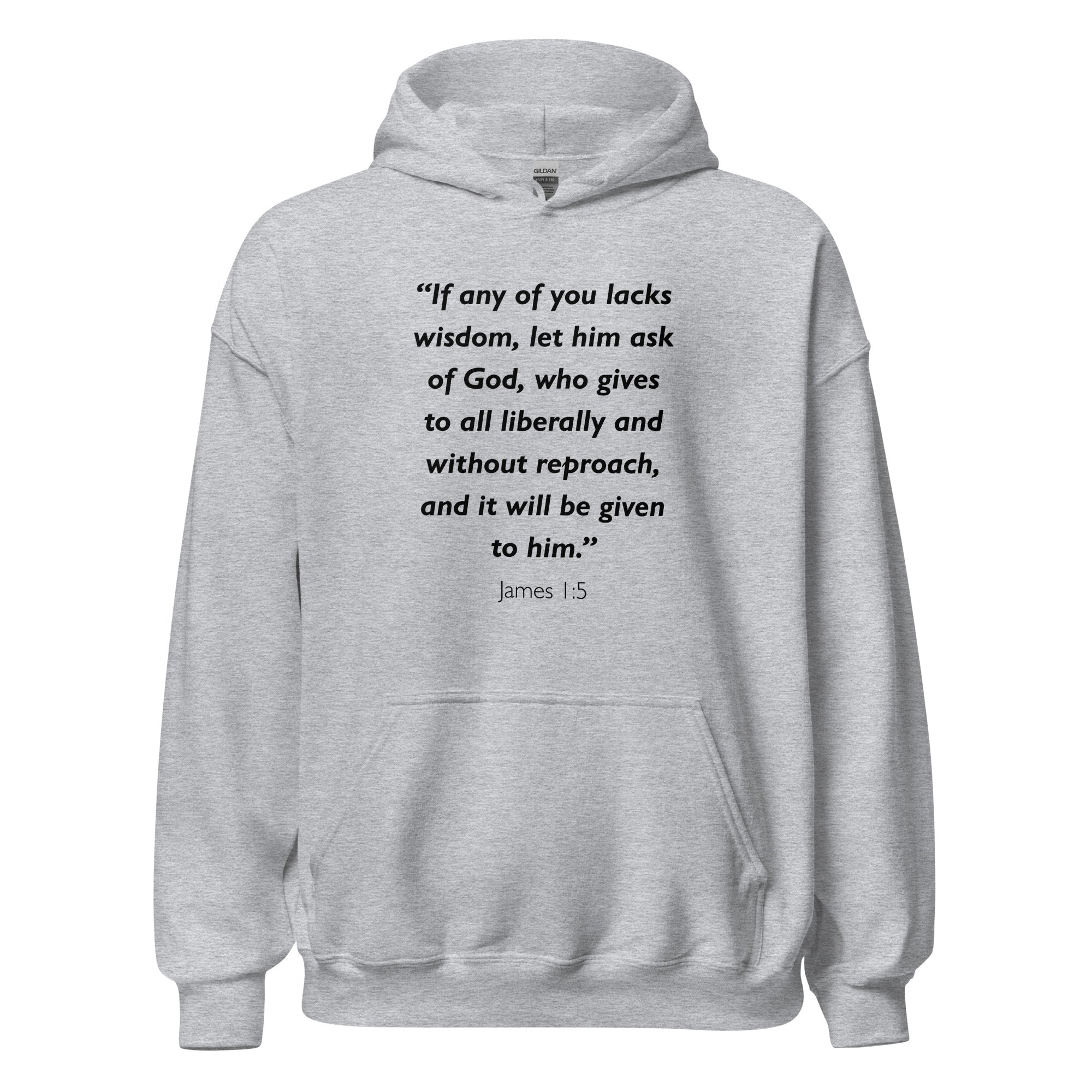 Unisex heather gray hoodie with James 1:5 Bible verse printed in black text on front