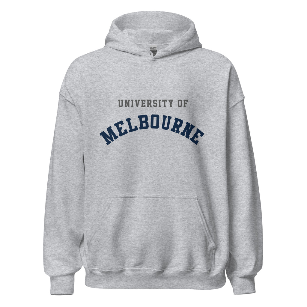 Unisex heather gray hoodie featuring University of Melbourne logo printed across the front chest