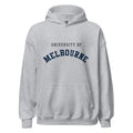 Unisex heather gray hoodie featuring University of Melbourne logo printed across the front chest