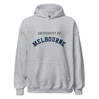 Unisex heather gray hoodie featuring University of Melbourne logo printed across the front chest
