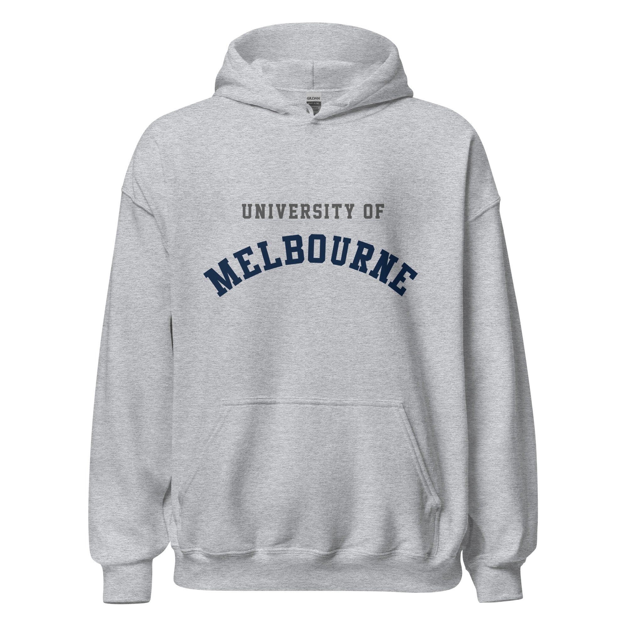 Unisex heather gray hoodie featuring University of Melbourne logo printed across the front chest