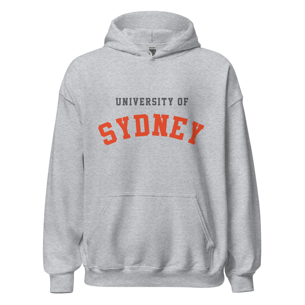 Unisex heather gray hoodie featuring University of Sydney logo printed across the front chest