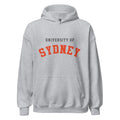 Unisex heather gray hoodie featuring University of Sydney logo printed across the front chest