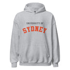 Unisex heather gray hoodie featuring University of Sydney logo printed across the front chest