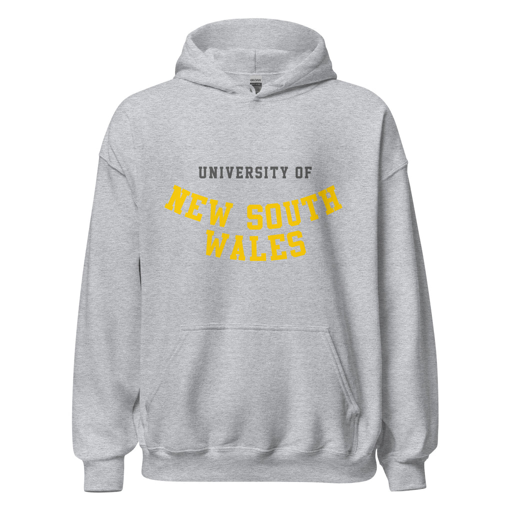 Unisex heather gray hoodie featuring University of New South Wales logo printed across the front chest