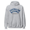 Unisex black hoodie featuring Australian National University logo printed across the front chest