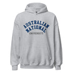 Unisex black hoodie featuring Australian National University logo printed across the front chest