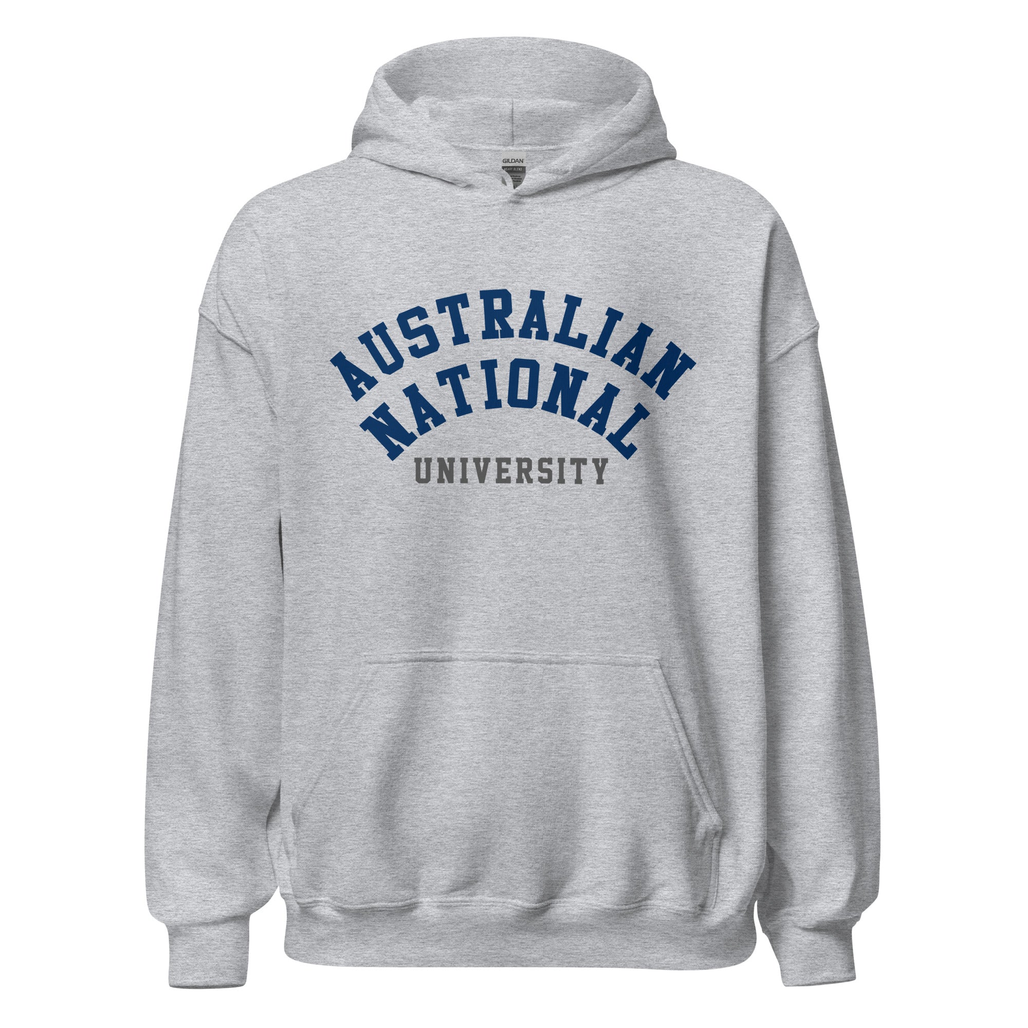 Unisex black hoodie featuring Australian National University logo printed across the front chest