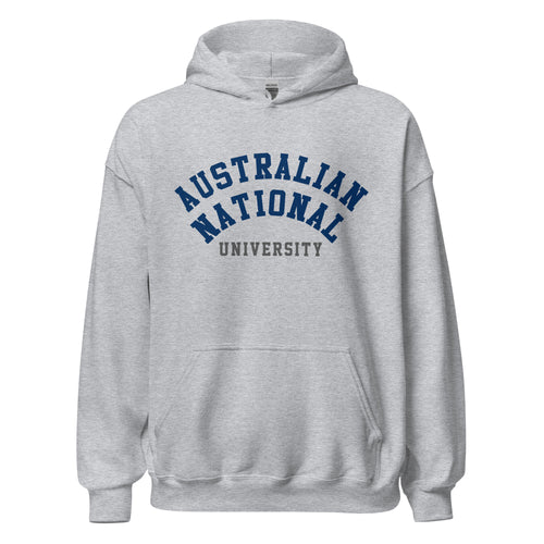 Unisex black hoodie featuring Australian National University logo printed across the front chest