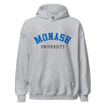 Unisex black hoodie featuring Monash University logo printed across the front chest