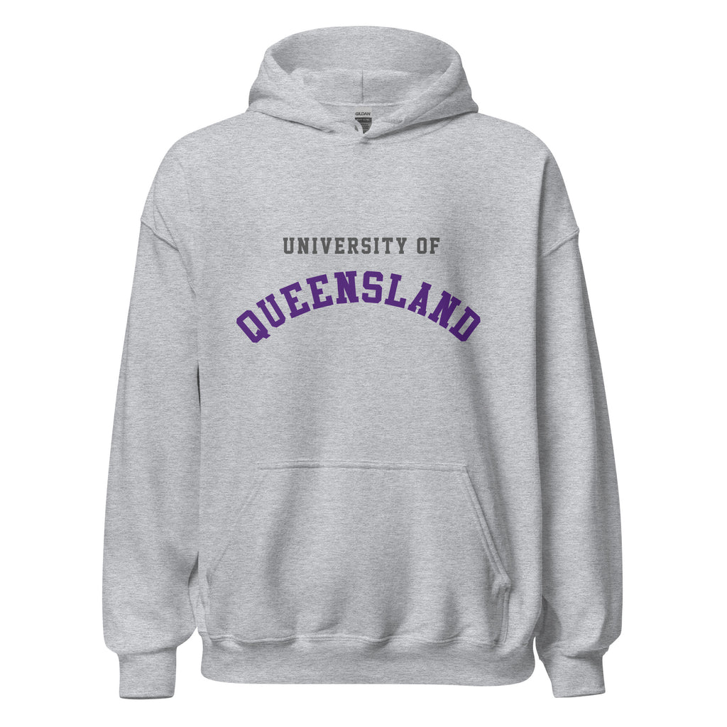 Unisex heather gray hoodie featuring University of Queensland logo printed across the front chest