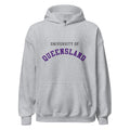 Unisex heather gray hoodie featuring University of Queensland logo printed across the front chest