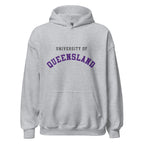 Unisex heather gray hoodie featuring University of Queensland logo printed across the front chest
