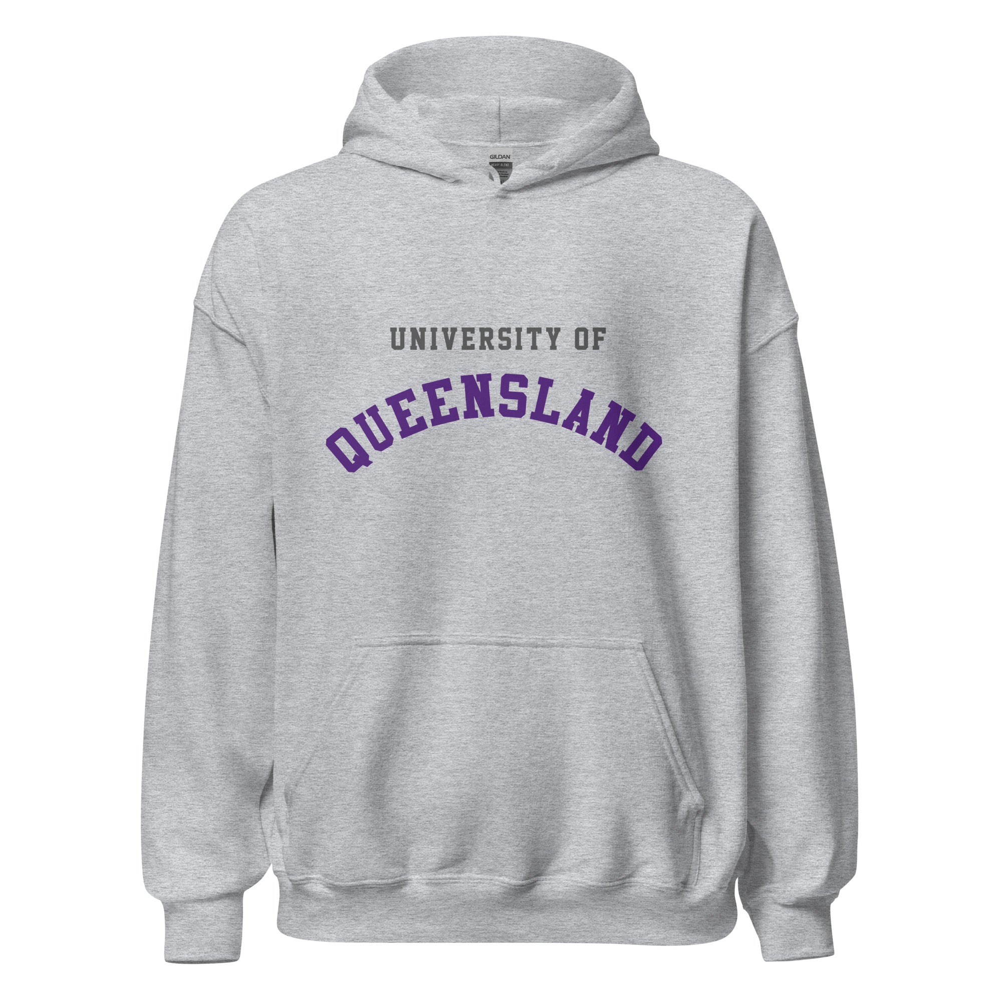 Unisex heather gray hoodie featuring University of Queensland logo printed across the front chest