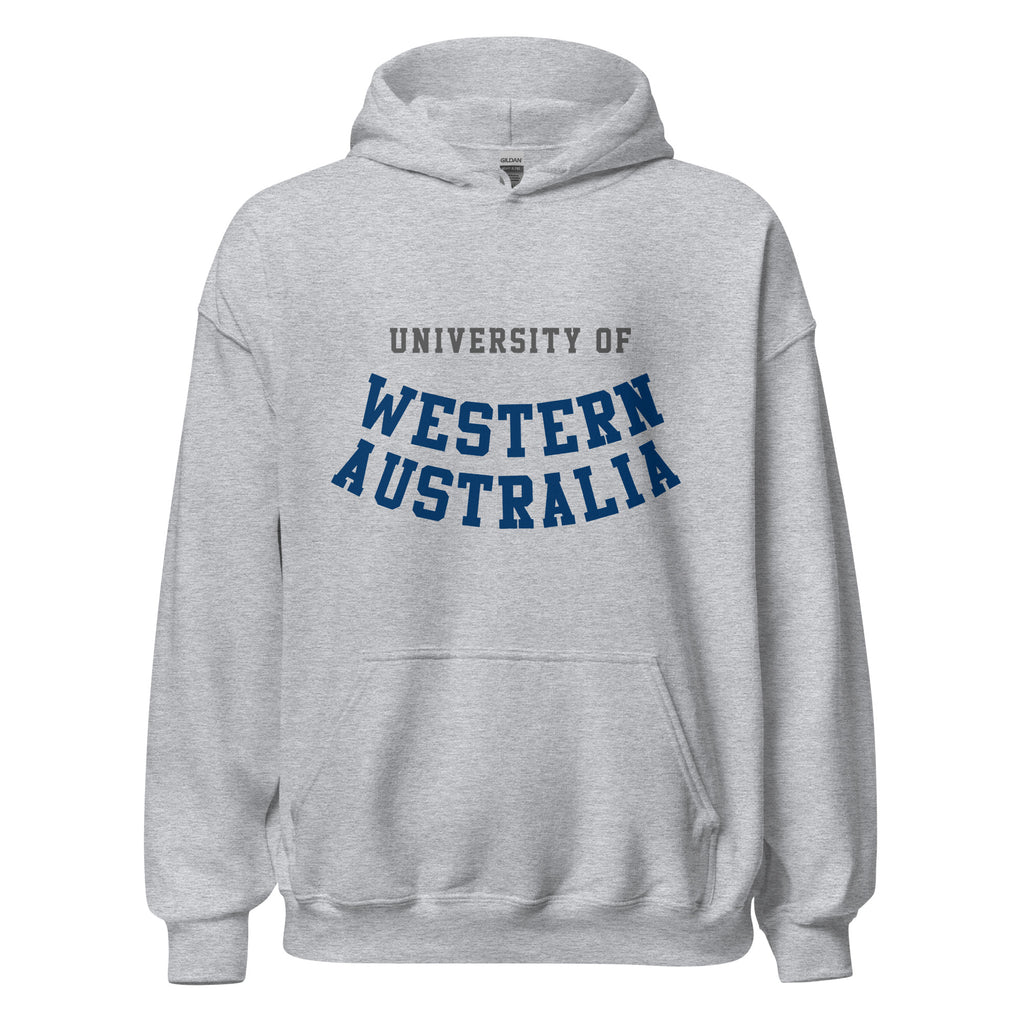 Unisex black hoodie featuring University of Western Australia logo printed across the front chest