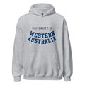 Unisex black hoodie featuring University of Western Australia logo printed across the front chest