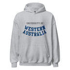 Unisex black hoodie featuring University of Western Australia logo printed across the front chest