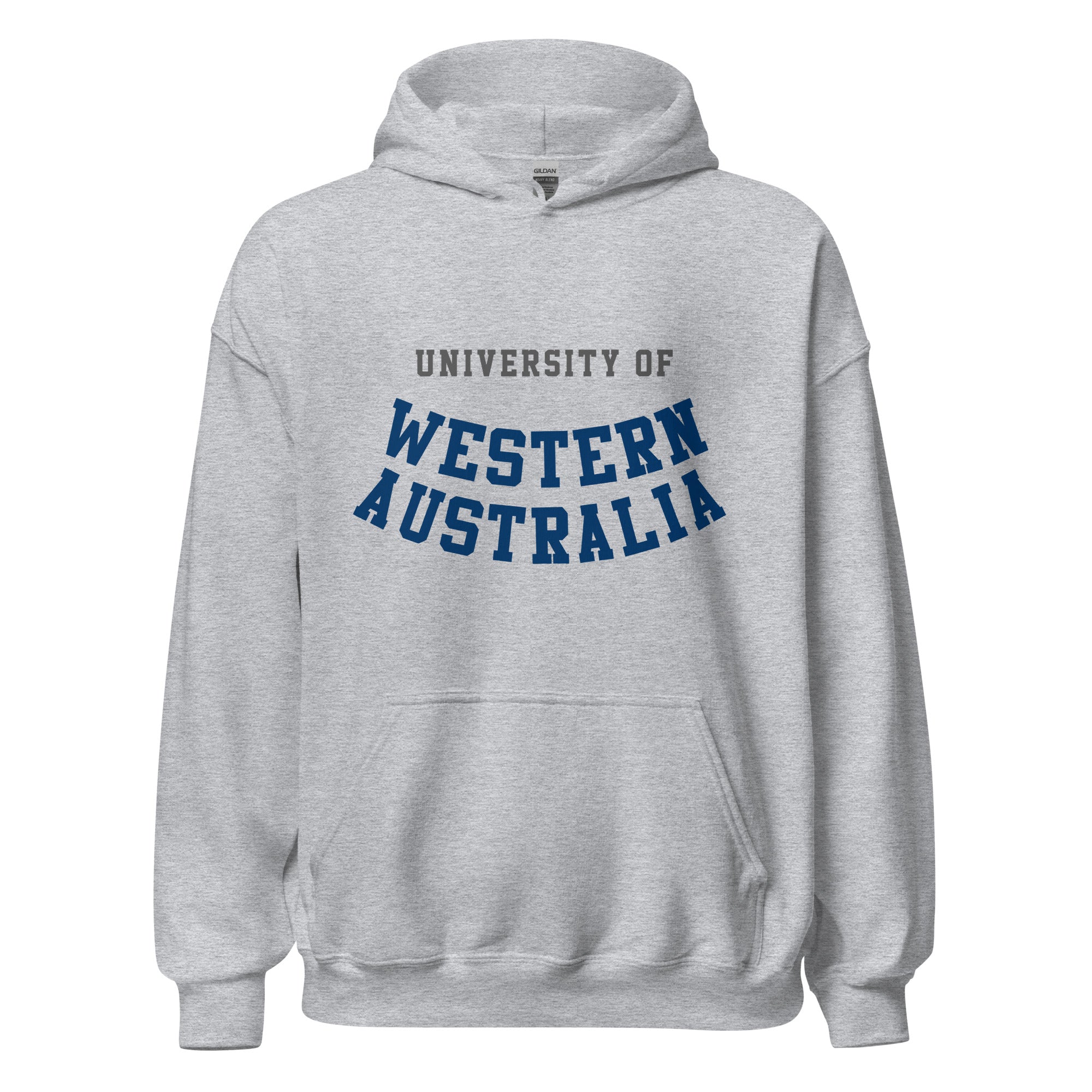 Unisex black hoodie featuring University of Western Australia logo printed across the front chest