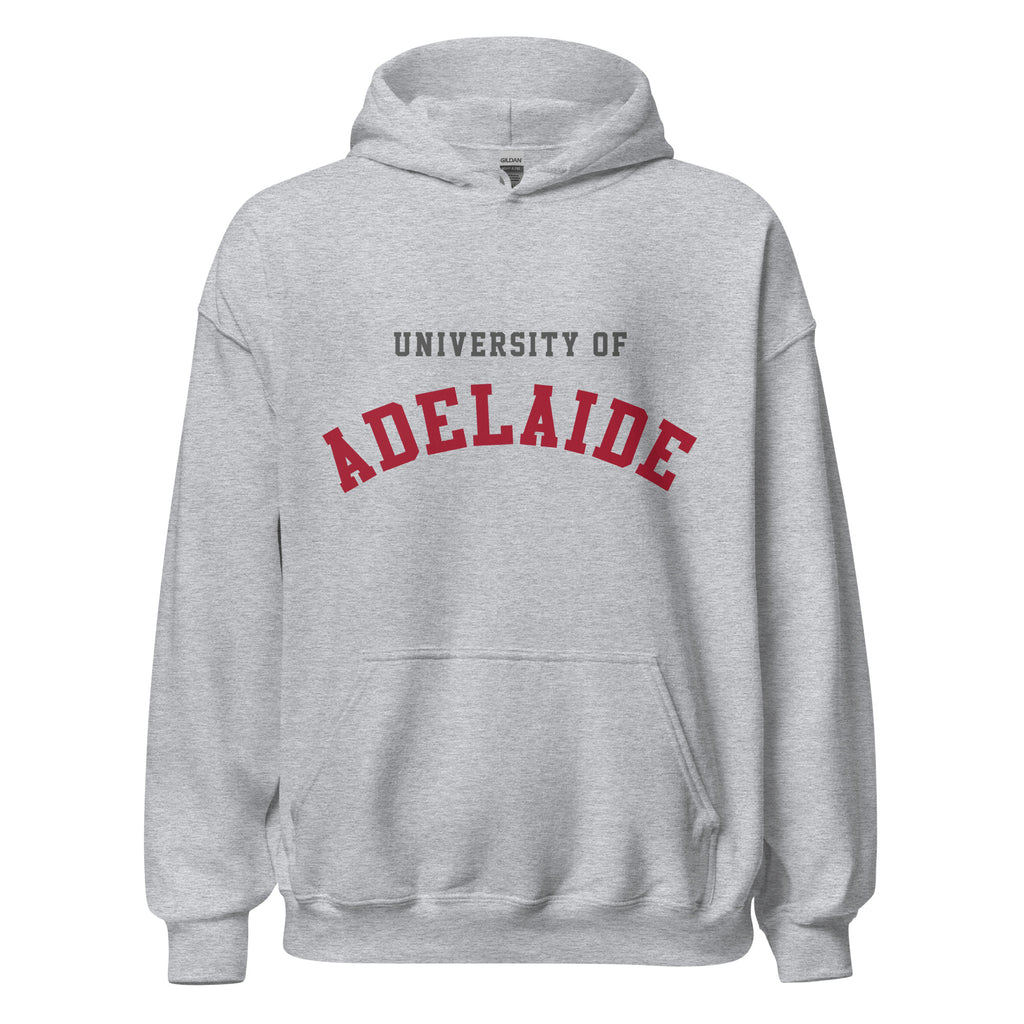 Unisex heather gray hoodie featuring University of Adelaide logo printed across the front chest