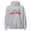 Unisex heather gray hoodie featuring University of Adelaide logo printed across the front chest