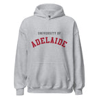 Unisex heather gray hoodie featuring University of Adelaide logo printed across the front chest