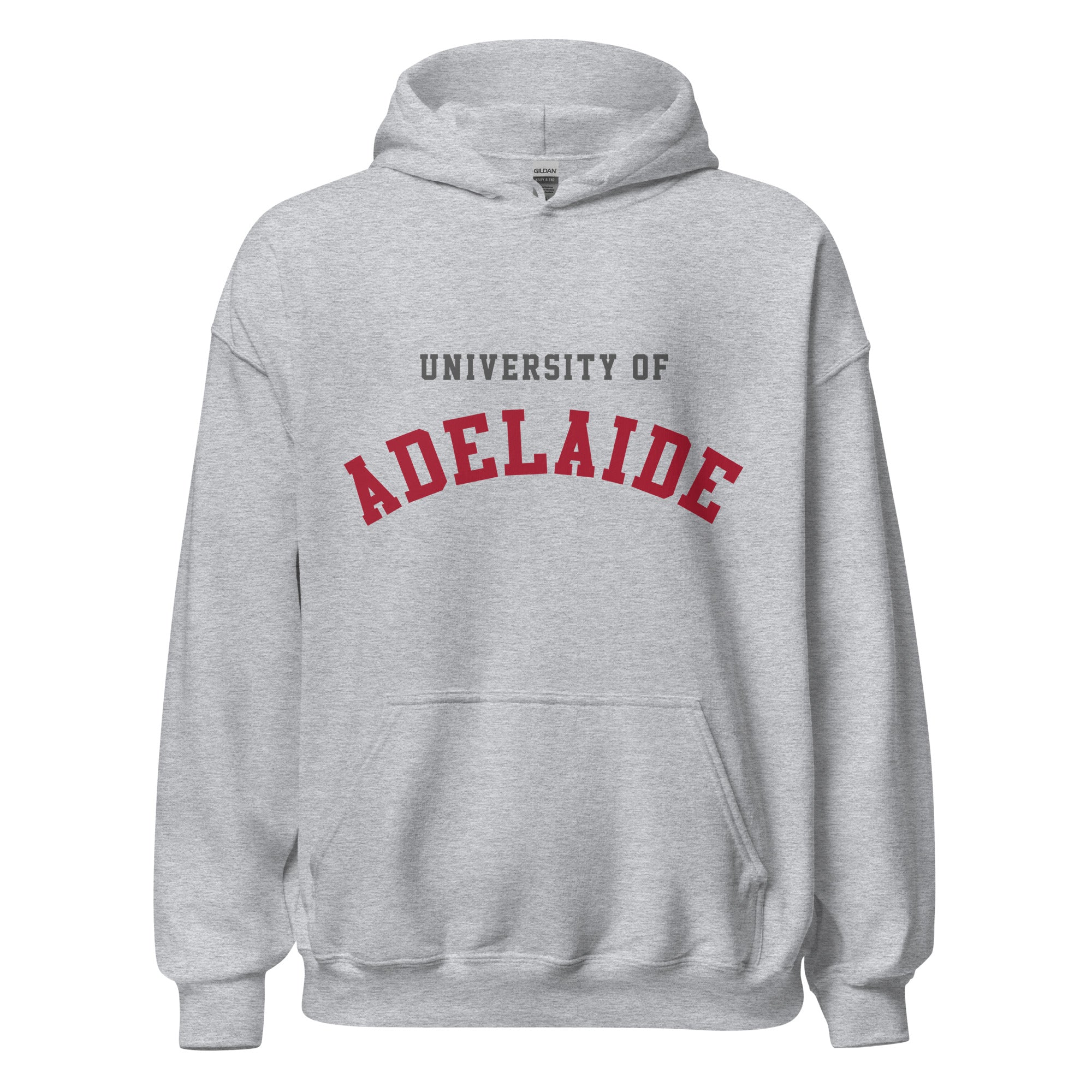 Unisex heather gray hoodie featuring University of Adelaide logo printed across the front chest